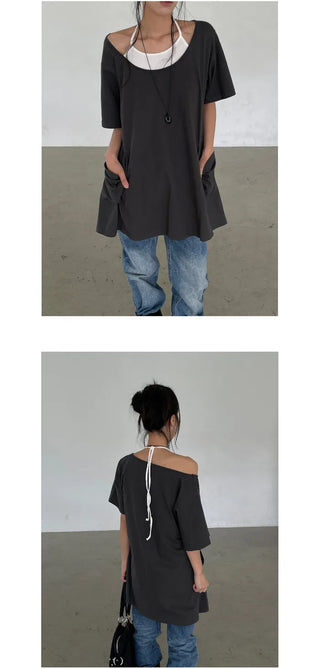 [2 colors] Layered Halter Neck Pocket Dress