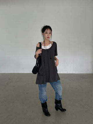 [2 colors] Layered Halter Neck Pocket Dress