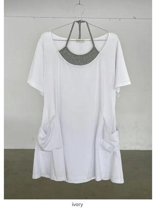 [2 colors] Layered Halter Neck Pocket Dress