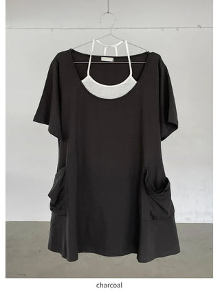 [2 colors] Layered Halter Neck Pocket Dress