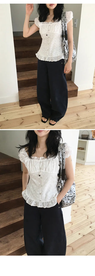 [Summer/Off-Shoulder/Travel Look] Marina Embroidery Short-Sleeve Blouse