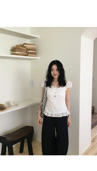 [Summer/Off-Shoulder/Travel Look] Marina Embroidery Short-Sleeve Blouse