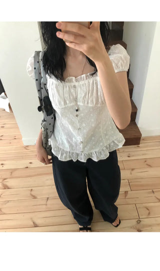 [Summer/Off-Shoulder/Travel Look] Marina Embroidery Short-Sleeve Blouse