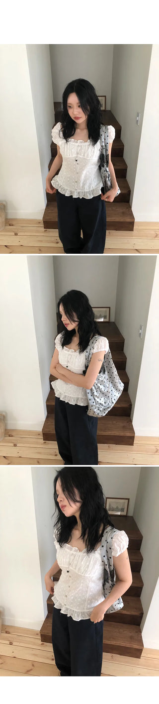 [Summer/Off-Shoulder/Travel Look] Marina Embroidery Short-Sleeve Blouse