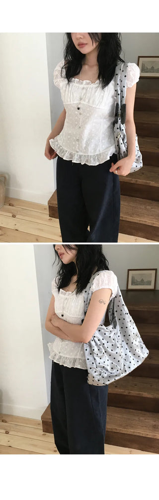 [Summer/Off-Shoulder/Travel Look] Marina Embroidery Short-Sleeve Blouse