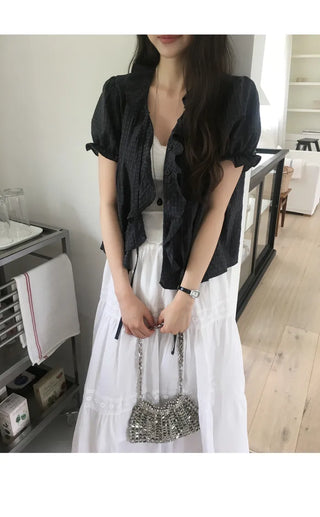 [2 colors] Lily Frill Check Short Sleeve Blouse