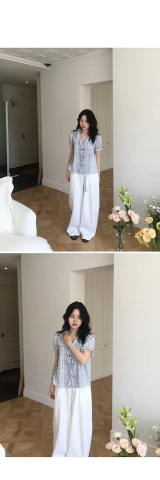 [2 colors] Lily Frill Check Short Sleeve Blouse