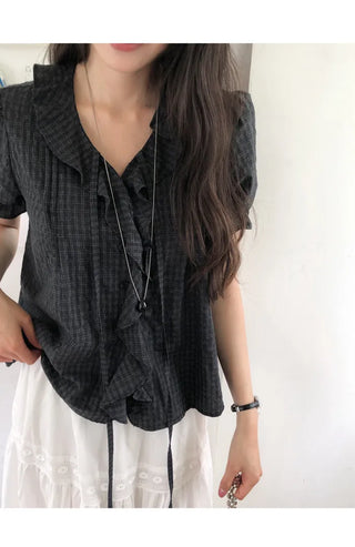 [2 colors] Lily Frill Check Short Sleeve Blouse