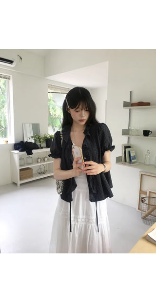[2 colors] Lily Frill Check Short Sleeve Blouse