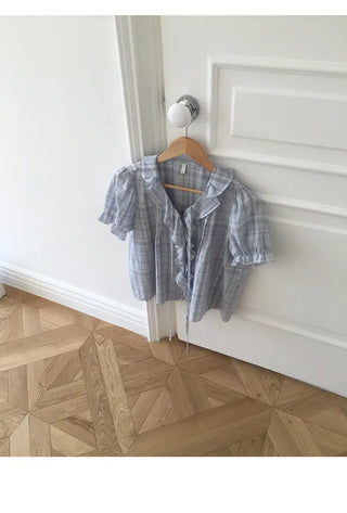 [2 colors] Lily Frill Check Short Sleeve Blouse