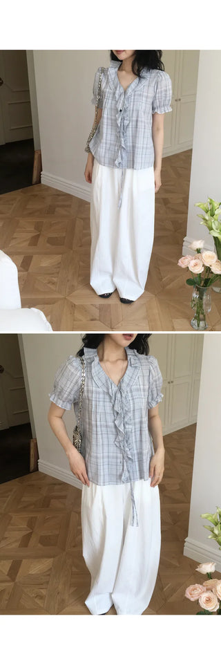[2 colors] Lily Frill Check Short Sleeve Blouse