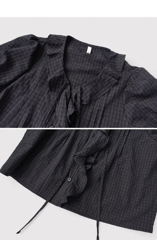 [2 colors] Lily Frill Check Short Sleeve Blouse