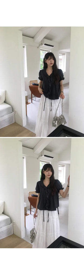 [2 colors] Lily Frill Check Short Sleeve Blouse
