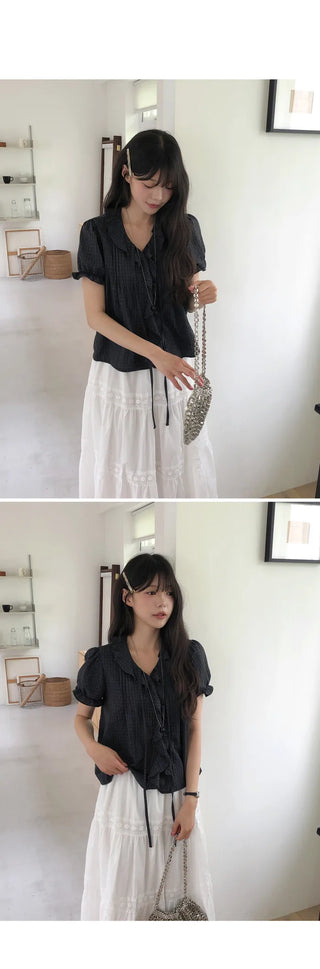 [2 colors] Lily Frill Check Short Sleeve Blouse