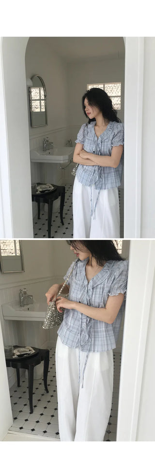 [2 colors] Lily Frill Check Short Sleeve Blouse