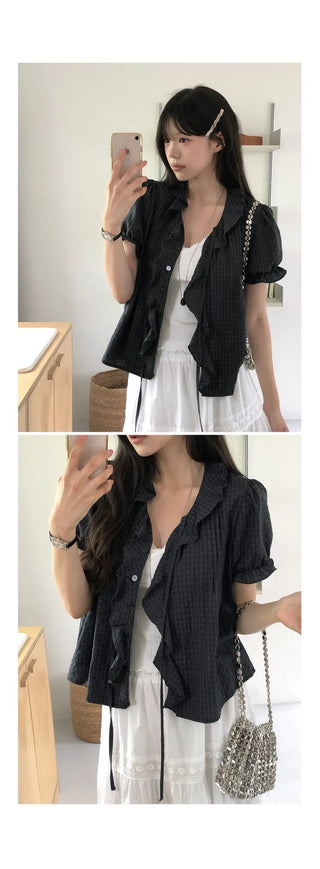 [2 colors] Lily Frill Check Short Sleeve Blouse