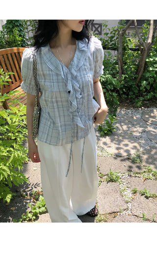 [2 colors] Lily Frill Check Short Sleeve Blouse
