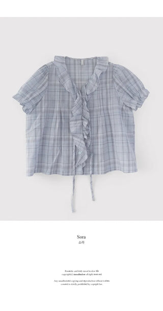 [2 colors] Lily Frill Check Short Sleeve Blouse