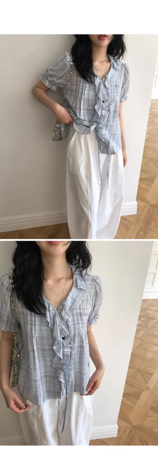 [2 colors] Lily Frill Check Short Sleeve Blouse