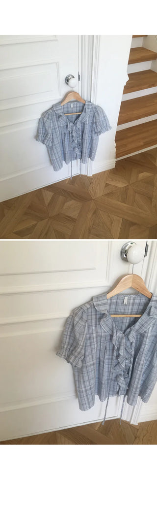[2 colors] Lily Frill Check Short Sleeve Blouse