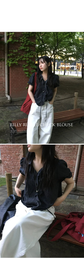 [2 colors] Lily Frill Check Short Sleeve Blouse