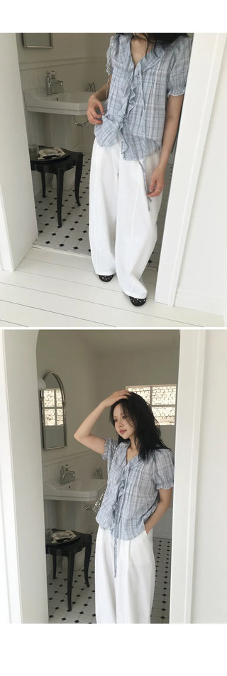 [2 colors] Lily Frill Check Short Sleeve Blouse