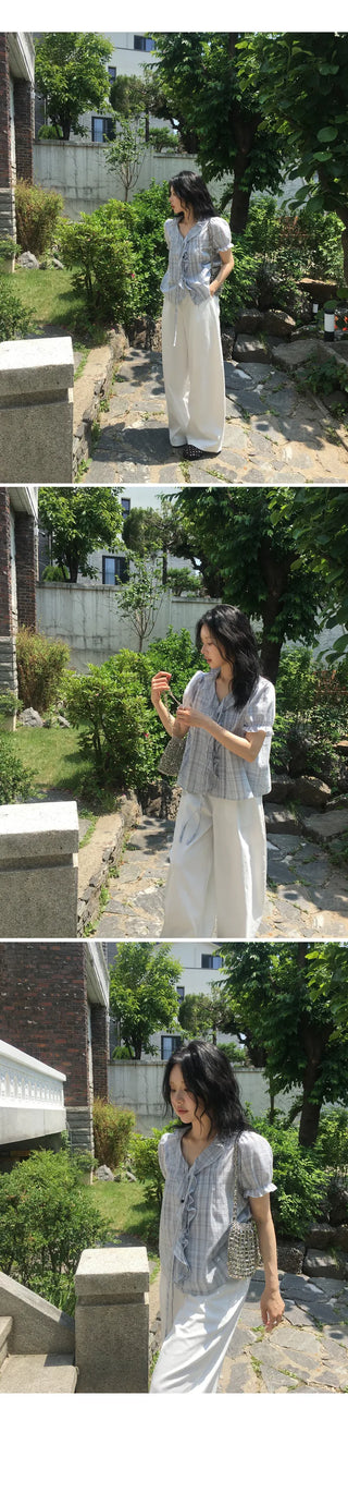 [2 colors] Lily Frill Check Short Sleeve Blouse