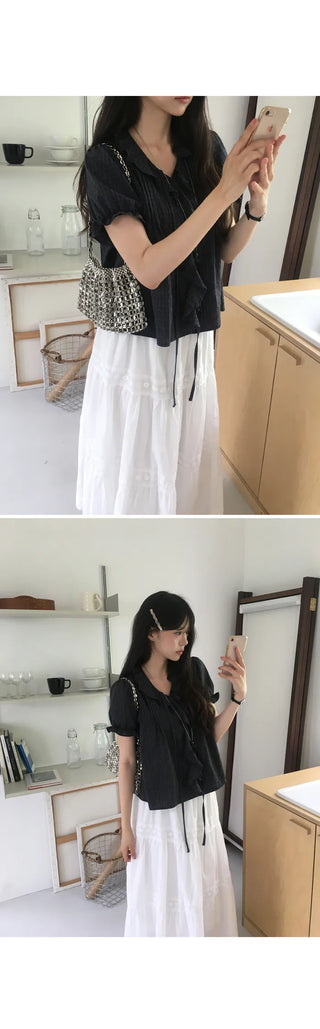 [2 colors] Lily Frill Check Short Sleeve Blouse