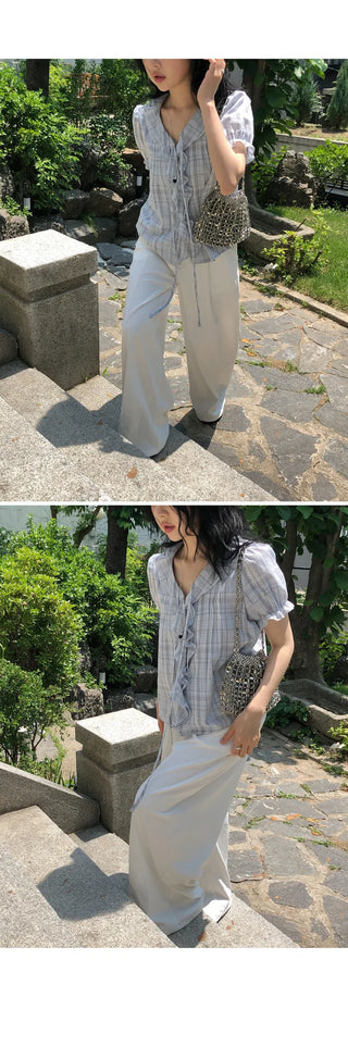 [2 colors] Lily Frill Check Short Sleeve Blouse