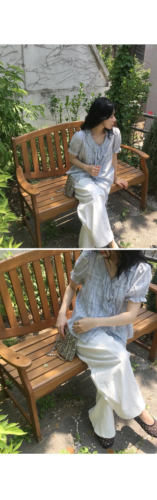 [2 colors] Lily Frill Check Short Sleeve Blouse