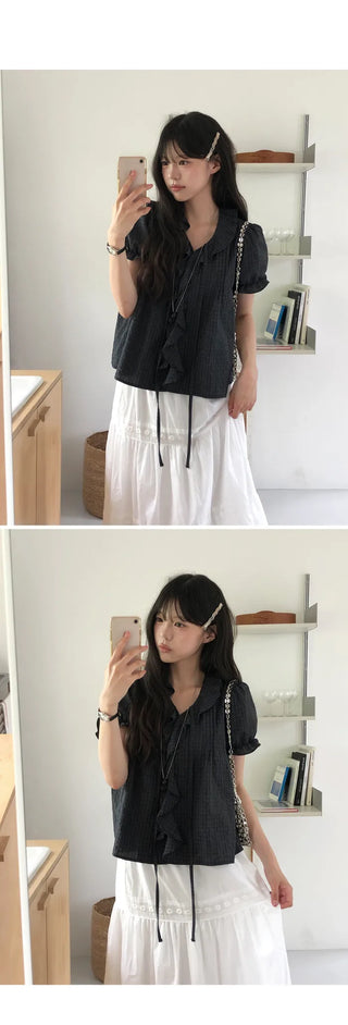 [2 colors] Lily Frill Check Short Sleeve Blouse