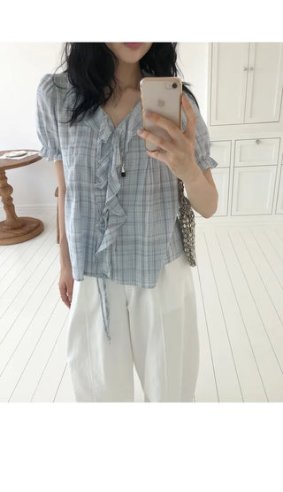 [2 colors] Lily Frill Check Short Sleeve Blouse