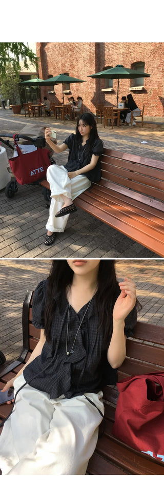 [2 colors] Lily Frill Check Short Sleeve Blouse