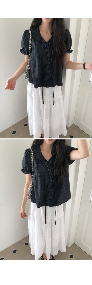 [2 colors] Lily Frill Check Short Sleeve Blouse