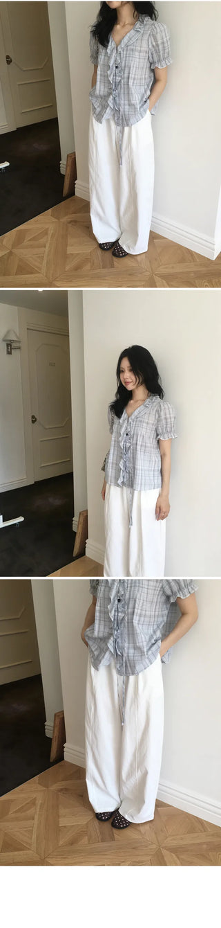 [2 colors] Lily Frill Check Short Sleeve Blouse