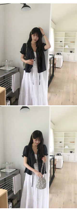 [2 colors] Lily Frill Check Short Sleeve Blouse