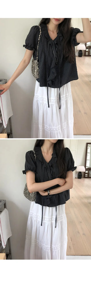 [2 colors] Lily Frill Check Short Sleeve Blouse
