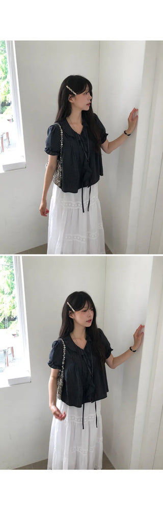 [2 colors] Lily Frill Check Short Sleeve Blouse