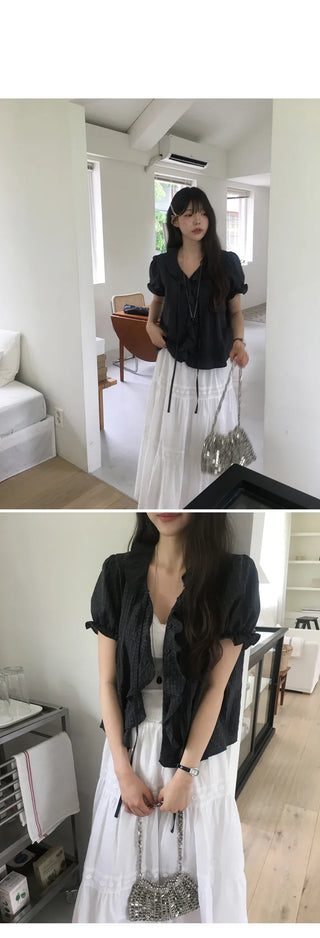 [2 colors] Lily Frill Check Short Sleeve Blouse