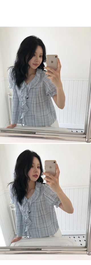 [2 colors] Lily Frill Check Short Sleeve Blouse