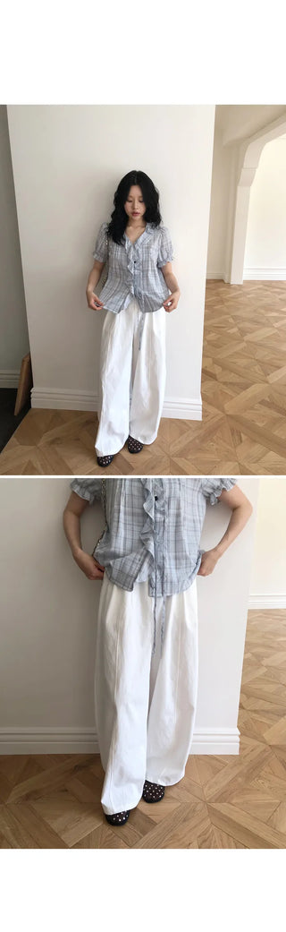 [2 colors] Lily Frill Check Short Sleeve Blouse
