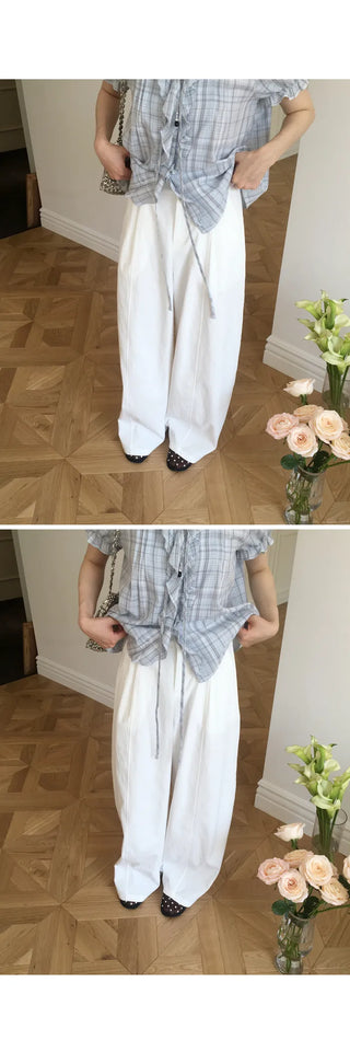 [2 colors] Lily Frill Check Short Sleeve Blouse