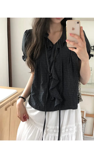 [2 colors] Lily Frill Check Short Sleeve Blouse