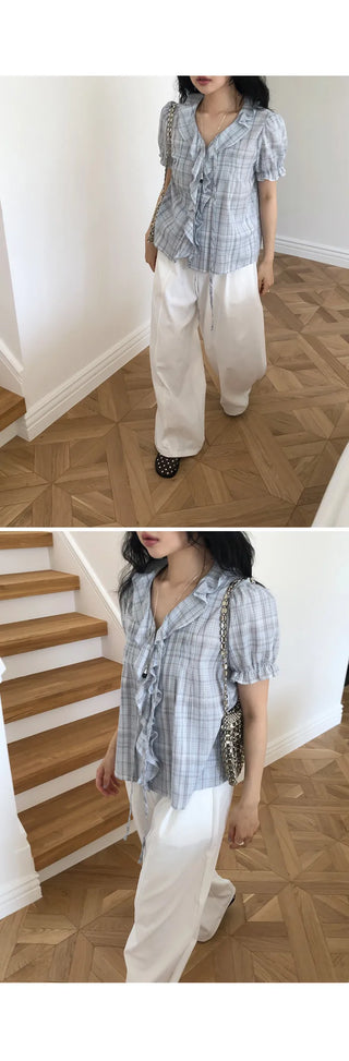 [2 colors] Lily Frill Check Short Sleeve Blouse