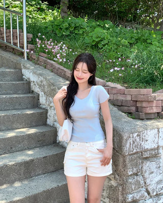 [4 colors] Scarlet Ribbed V-Neck Short-Sleeve Knit