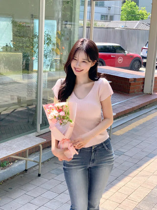 [4 colors] Scarlet Ribbed V-Neck Short-Sleeve Knit