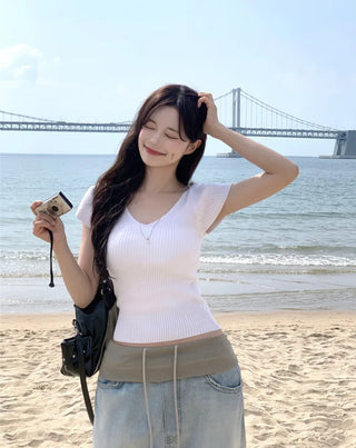 [4 colors] Scarlet Ribbed V-Neck Short-Sleeve Knit