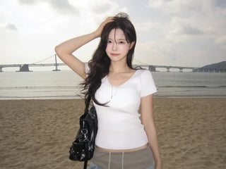 [4 colors] Scarlet Ribbed V-Neck Short-Sleeve Knit