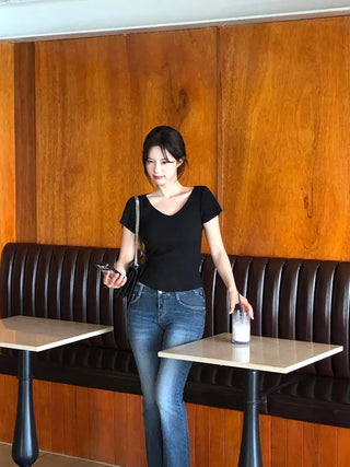 [4 colors] Scarlet Ribbed V-Neck Short-Sleeve Knit