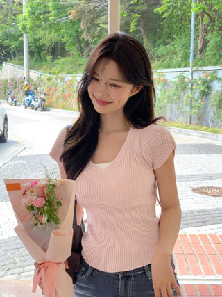 [4 colors] Scarlet Ribbed V-Neck Short-Sleeve Knit